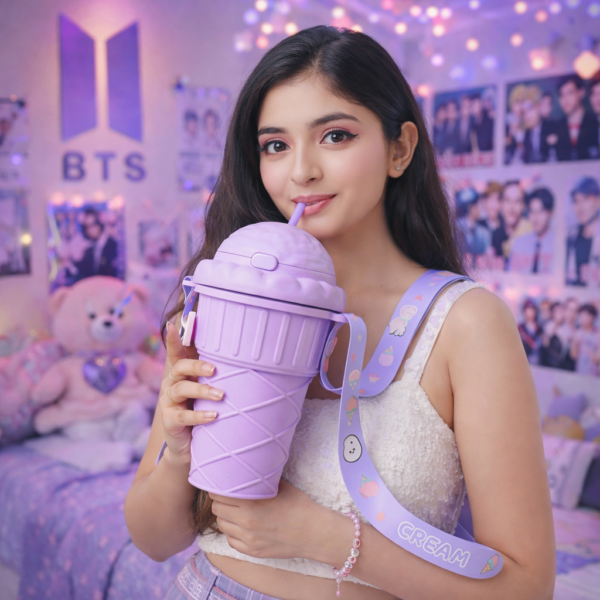 Cute Ice Cream Shape Water Bottle with Straw – 500ml Kawaii Sipper Bottle