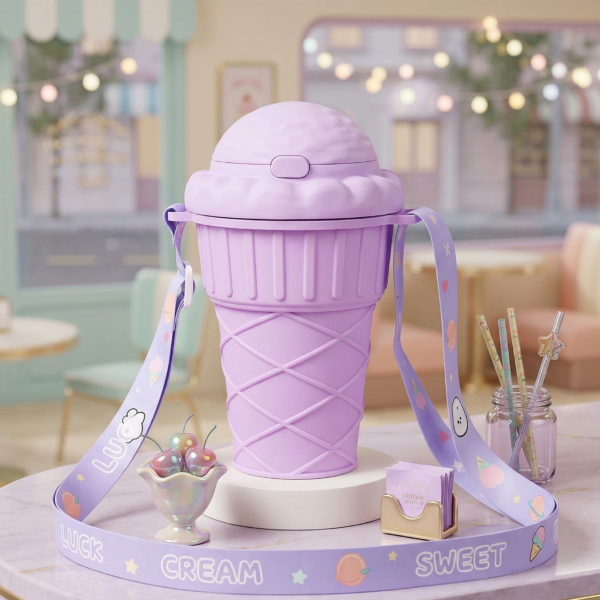Cute Ice Cream Shape Water Bottle with Straw – 500ml Kawaii Sipper Bottle